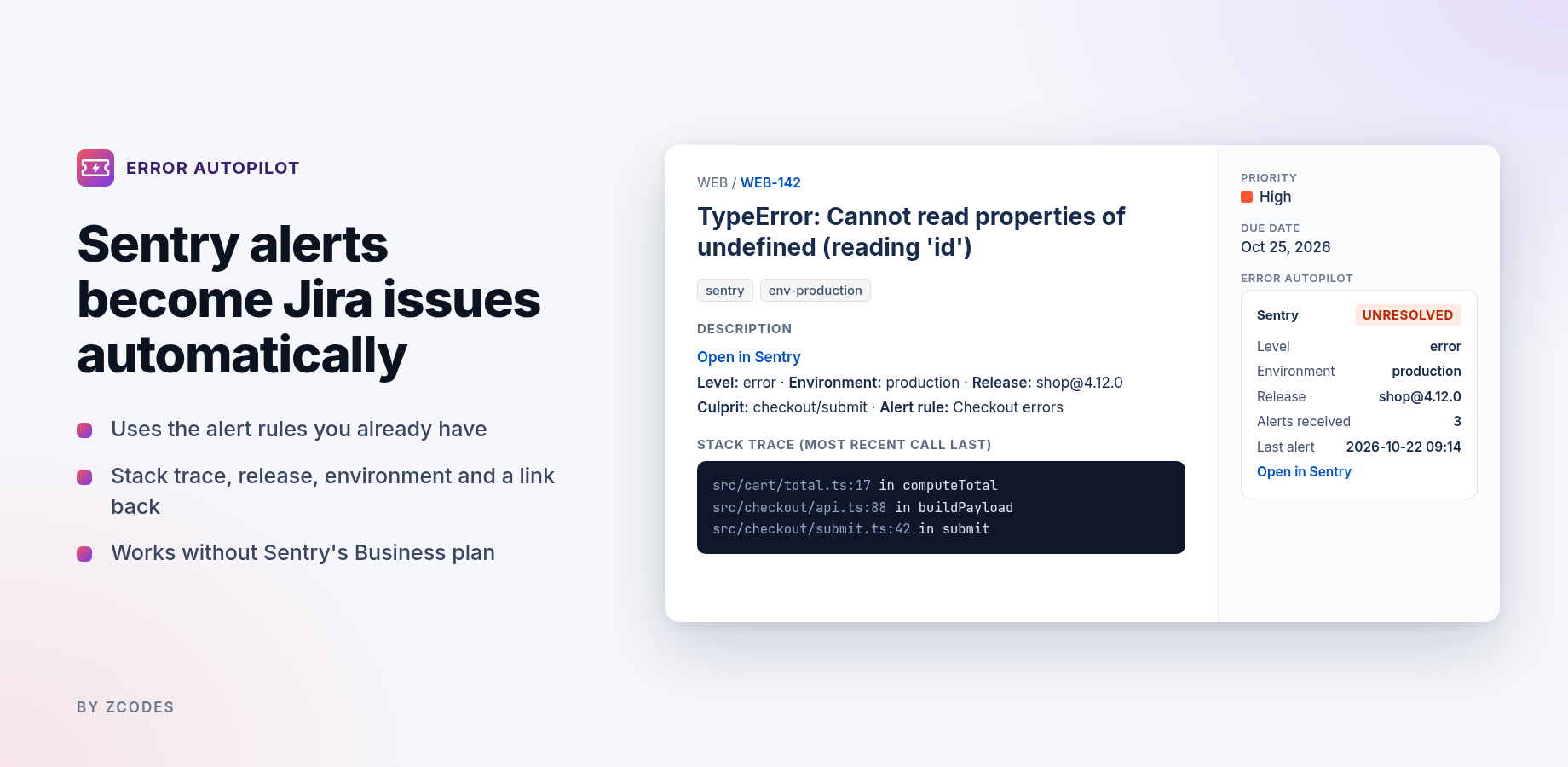 A Jira issue created by Error Autopilot with stack trace and Sentry panel